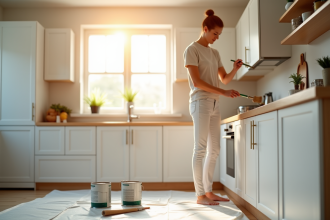 Personne peignant des portes de cuisine lumineuse et moderne