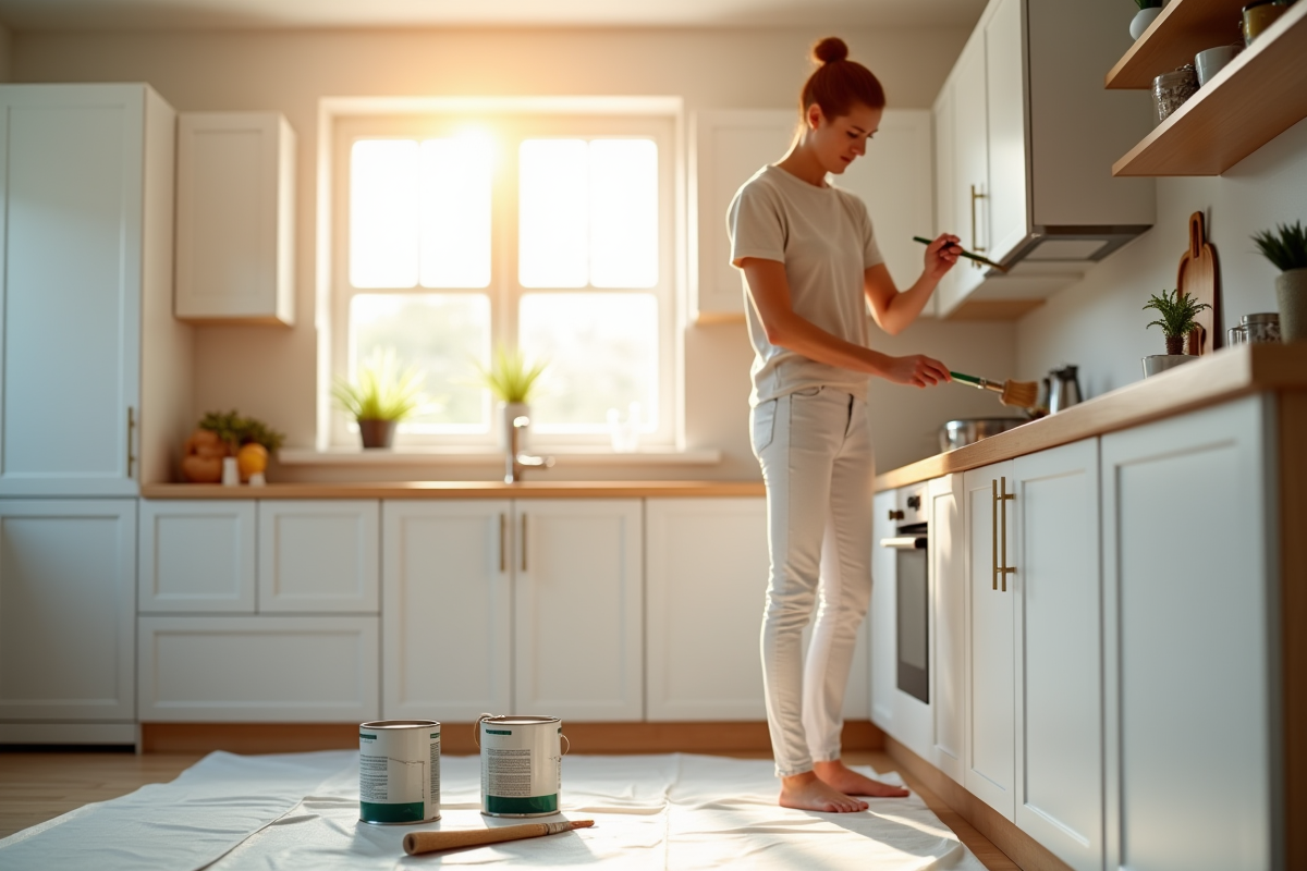 Personne peignant des portes de cuisine lumineuse et moderne