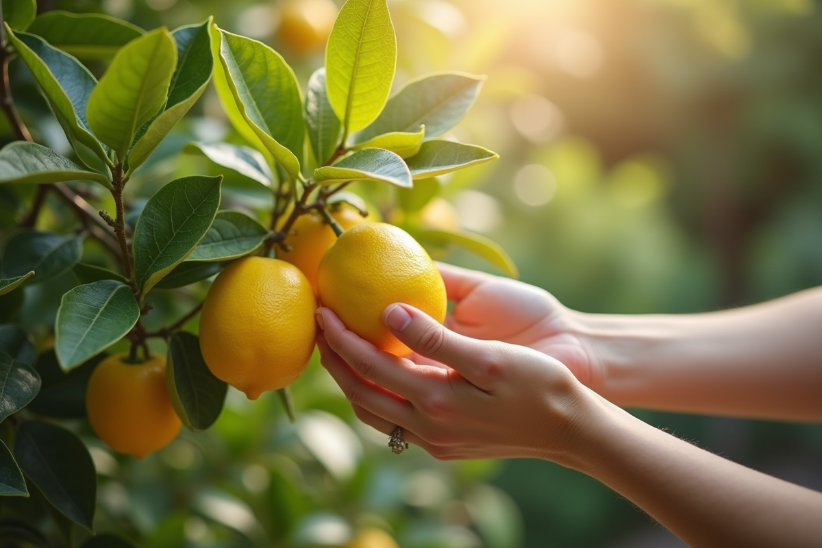 Personne examinant un citronnier dans un jardin lumineux