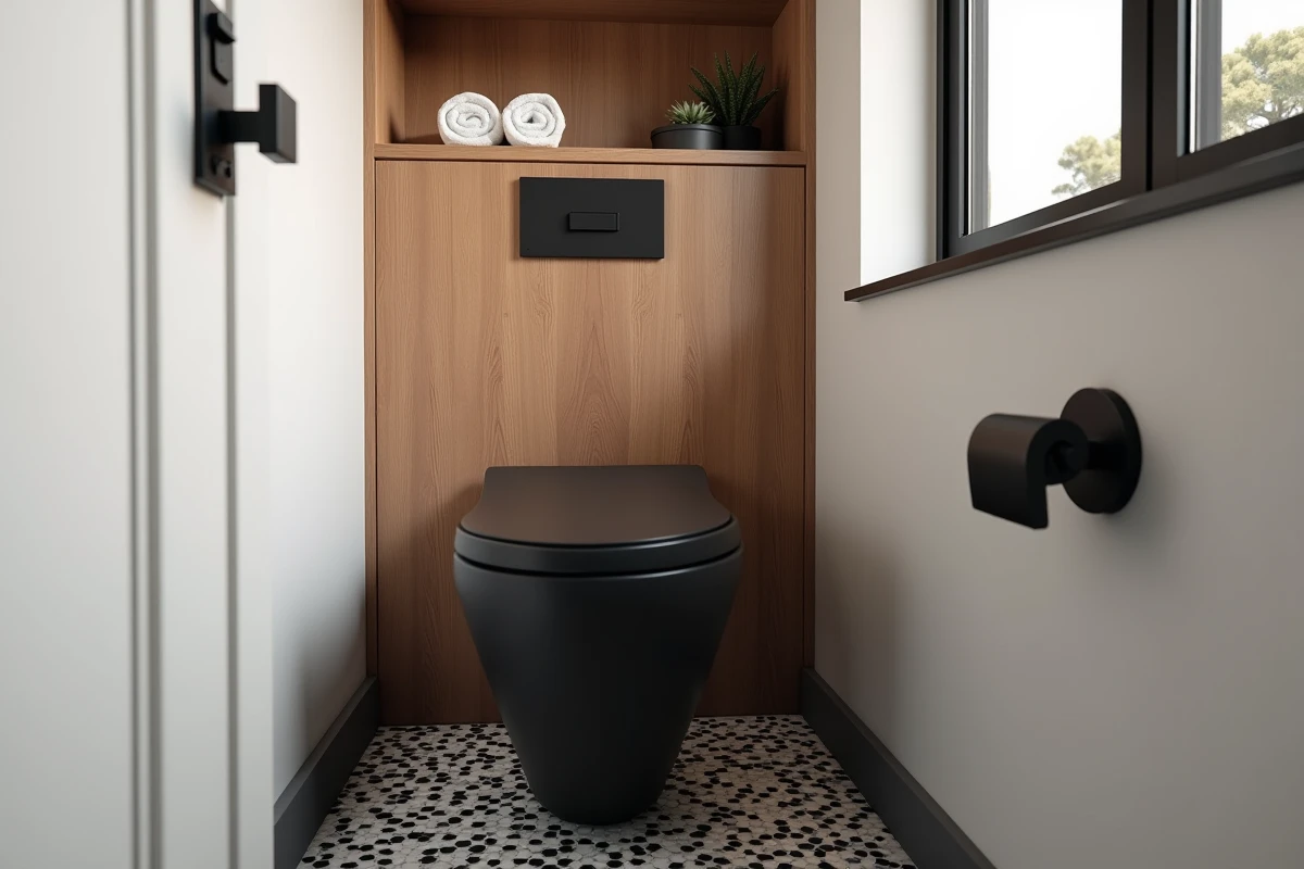 Petite salle de bain avec toilette suspendu noir et niche en bois de pin avec étagères décoratives