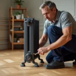Technicien ajustant un pied en fonte sous un radiateur à colonnes posé sur un parquet en chêne dans un appartement haussmannien rénové