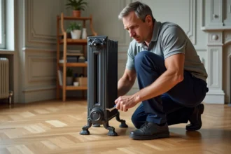 Technicien ajustant un pied en fonte sous un radiateur à colonnes posé sur un parquet en chêne dans un appartement haussmannien rénové