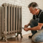 Pied radiateur en fonte stabilisant un vieux radiateur en fonte contre un mur en briques blanches, avec un artisan qui ajuste le support au sol