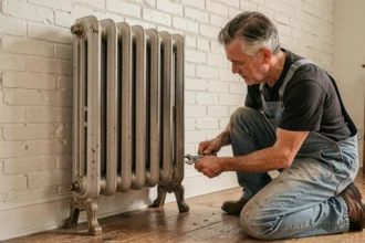 Pied radiateur en fonte stabilisant un vieux radiateur en fonte contre un mur en briques blanches, avec un artisan qui ajuste le support au sol