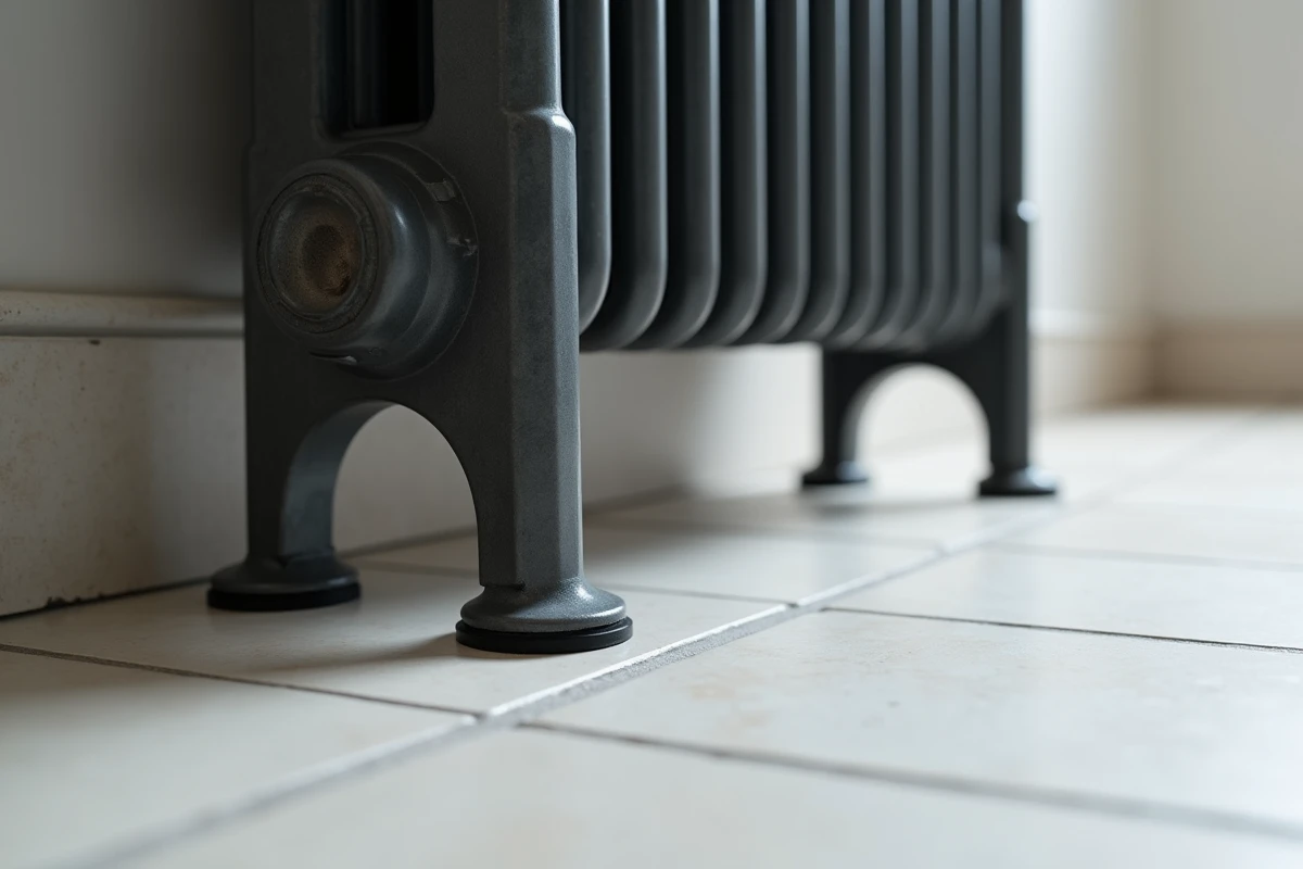Gros plan sur deux pieds en fonte anthracite avec patins en caoutchouc posés sur un carrelage en pierre calcaire dans une salle de bain moderne