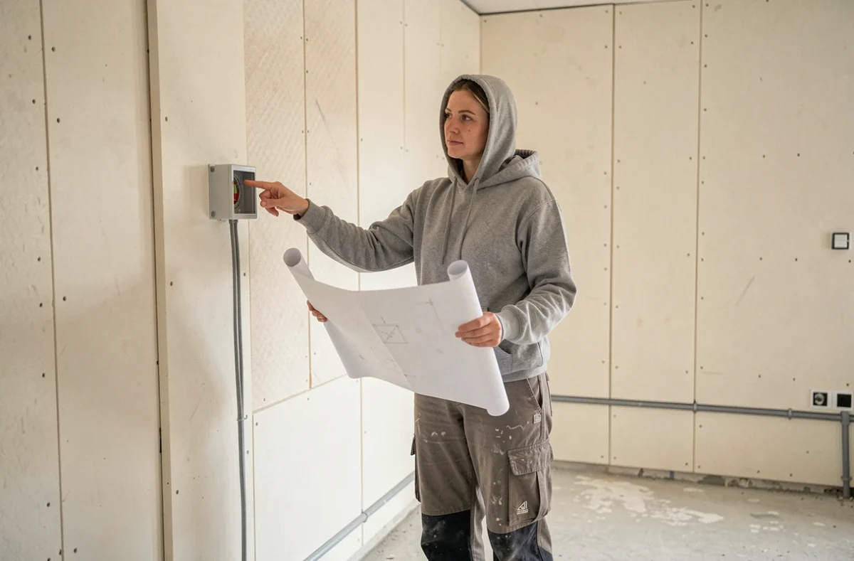 Professionnelle du bâtiment planifiant le passage des gaines électriques avant la pose de panneaux d'isolation thermique sur un mur