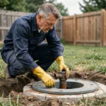 Plombier inspectant le drain saturé d'une fosse septique dans un jardin résidentiel