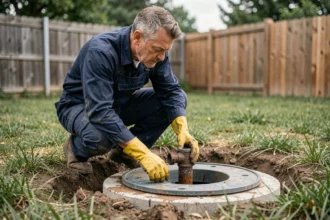 Plombier inspectant le drain saturé d'une fosse septique dans un jardin résidentiel