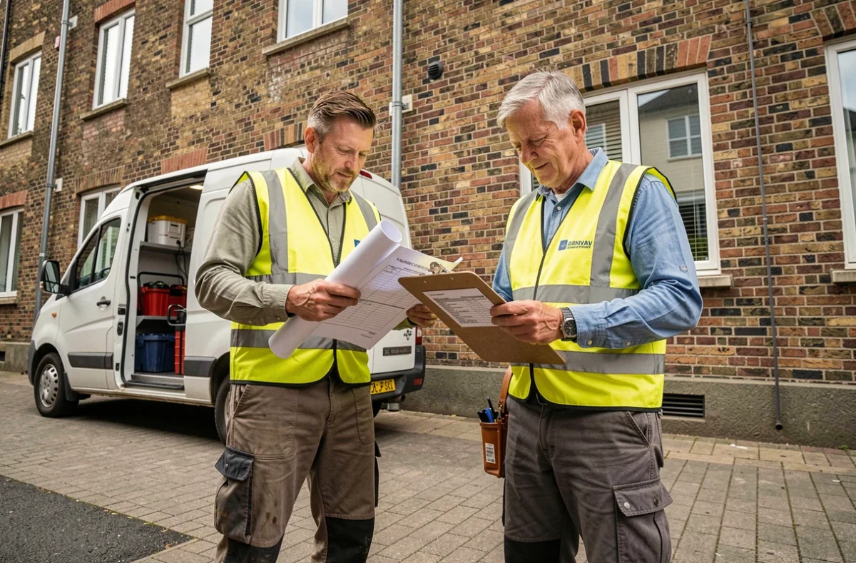 Deux plombiers auto-entrepreneurs devant un immeuble résidentiel consultant des documents de chantier et un bon de travail