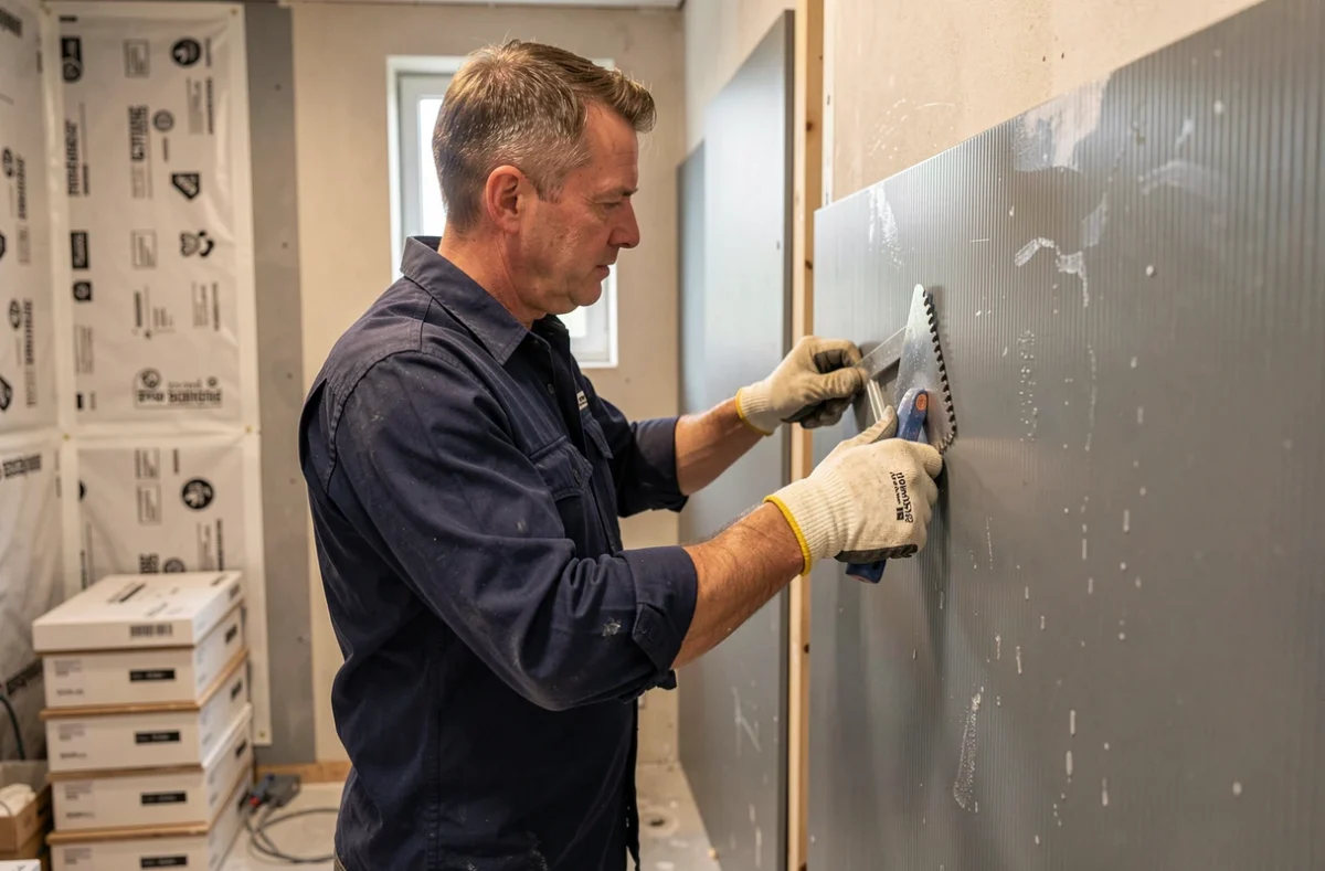 Pose d'un panneau mural PVC dans une salle de bain en cours de rénovation par un professionnel