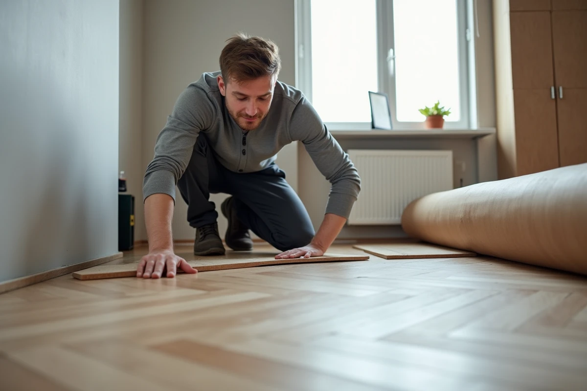 Homme posant un parquet vinyle en chevron dans un studio en cours de rénovation