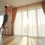 Personne sur une échelle ajustant une tringle de plafond dans un salon lumineux