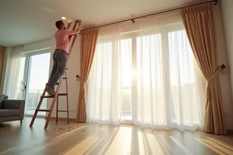 Personne sur une échelle ajustant une tringle de plafond dans un salon lumineux