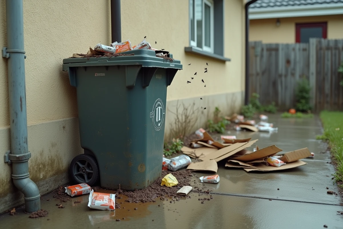 Poubelle extérieure infestée de larves de mouches avec déchets éparpillés contre un mur de maison