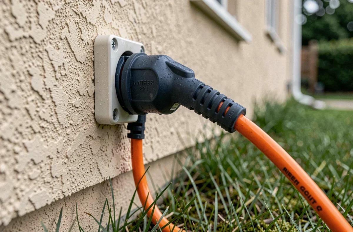 Prise mâle étanche branchée sur une prise extérieure murale avec prolongateur orange sur pelouse humide