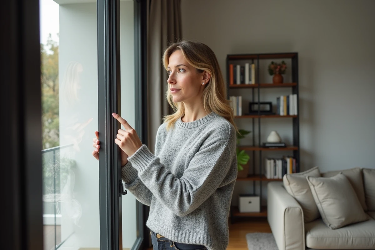 Femme examinant le joint d'un double vitrage dans un appartement moderne, questionnant la réglementation