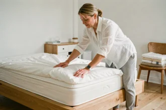 Femme qui pose une protection de matelas sur un lit en bois dans une chambre de style scandinave