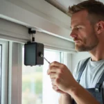 Homme réglant le moteur d'un volet roulant Bubendorff avec un tournevis sur un caisson PVC blanc