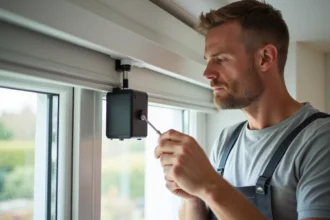 Homme réglant le moteur d'un volet roulant Bubendorff avec un tournevis sur un caisson PVC blanc