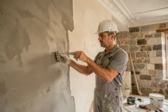 Artisan plâtrier rénovant un appartement haussmannien à Marseille avec outils professionnels