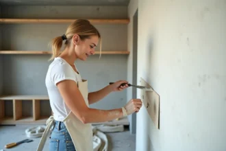 Femme appliquant de l'enduit sur un mur lors de la rénovation d'un studio en mode DIY