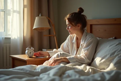 Jeune femme en pyjama se réveillant doucement au matin