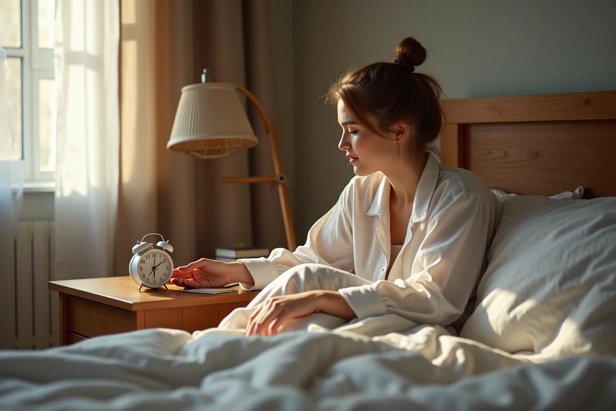 Jeune femme en pyjama se réveillant doucement au matin