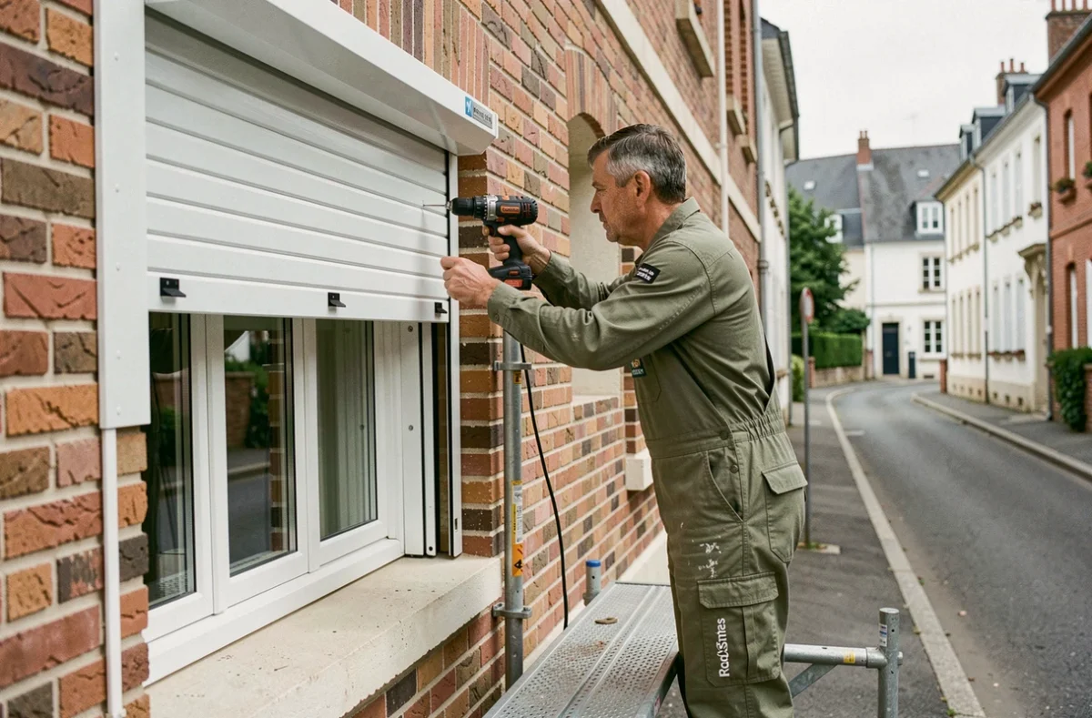 Technicien Rod'Stores installant un volet roulant extérieur au-dessus d'une fenêtre sur une maison traditionnelle française en zone pavillonnaire
