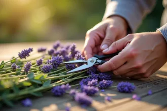 Mains tenant des tiges de lavande fraîche avec ciseaux sur une table en bois