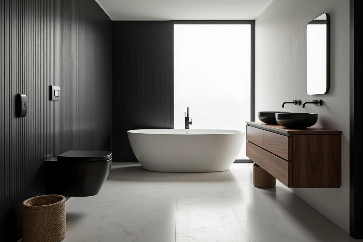 Salle de bain complète avec toilette suspendu noir, baignoire blanche et double vasque en bois foncé