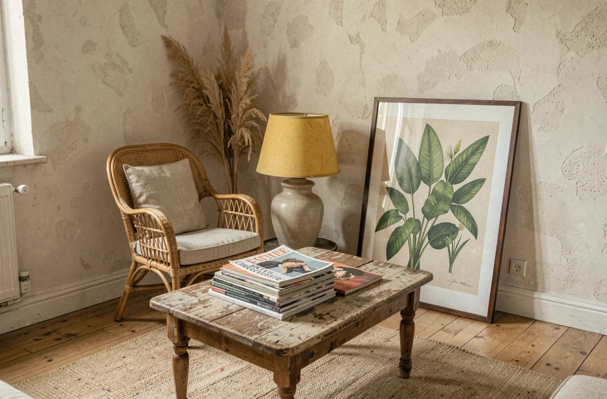 Coin salon décoré avec des meubles et objets vintage achetés en dépôt vente à Caen, style années 70