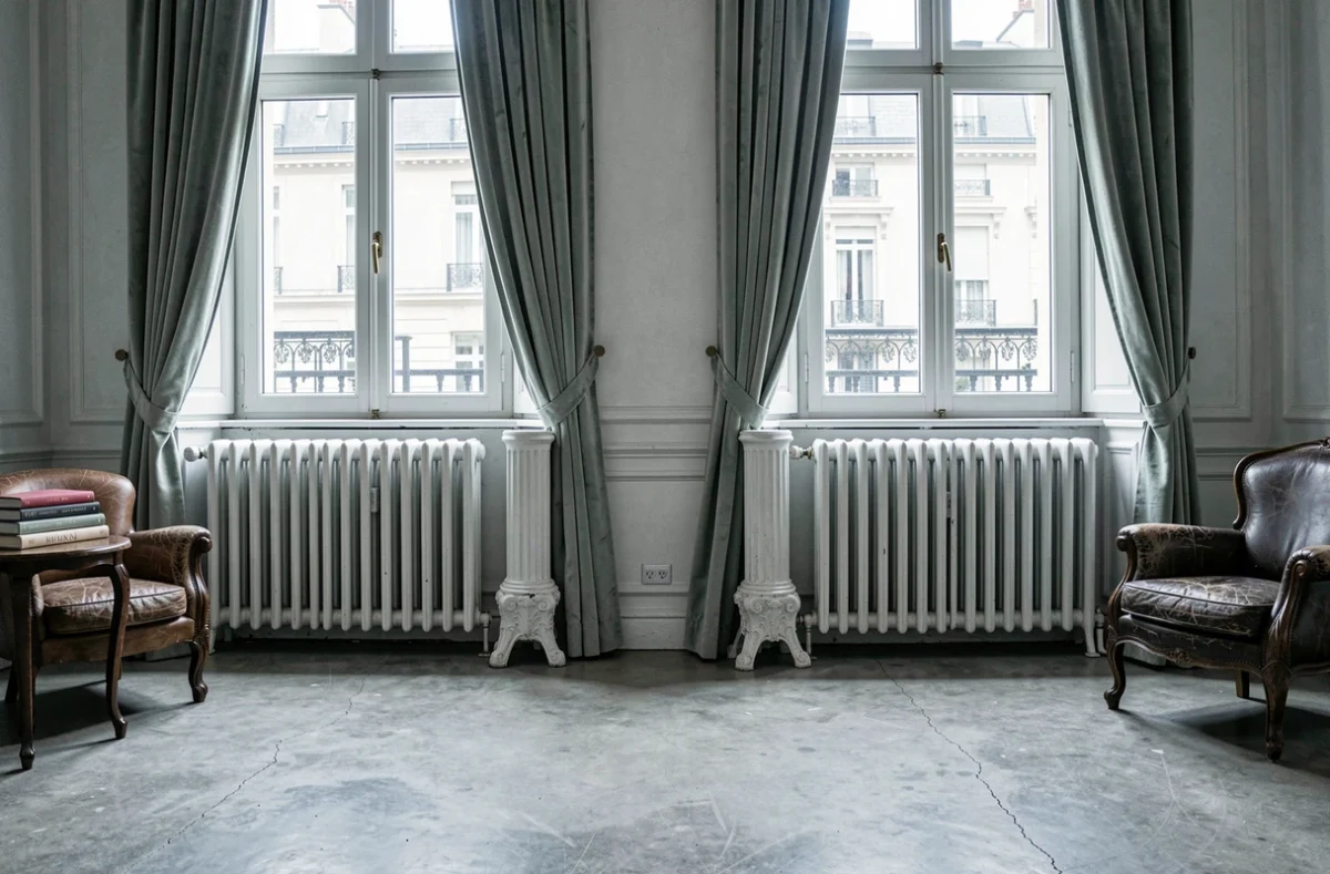 Vue grand angle d'un salon haussmannien rénové avec deux radiateurs anciens stabilisés par des pieds en fonte décoratifs sur un sol en béton ciré