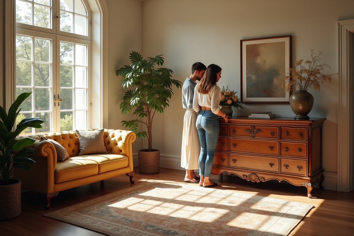 Couple inspectant une commode du XIXe siècle dans un salon lumineux