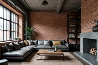 Salon de style industriel avec murs en brique apparente, poutres en acier et mobilier en cuir gris anthracite