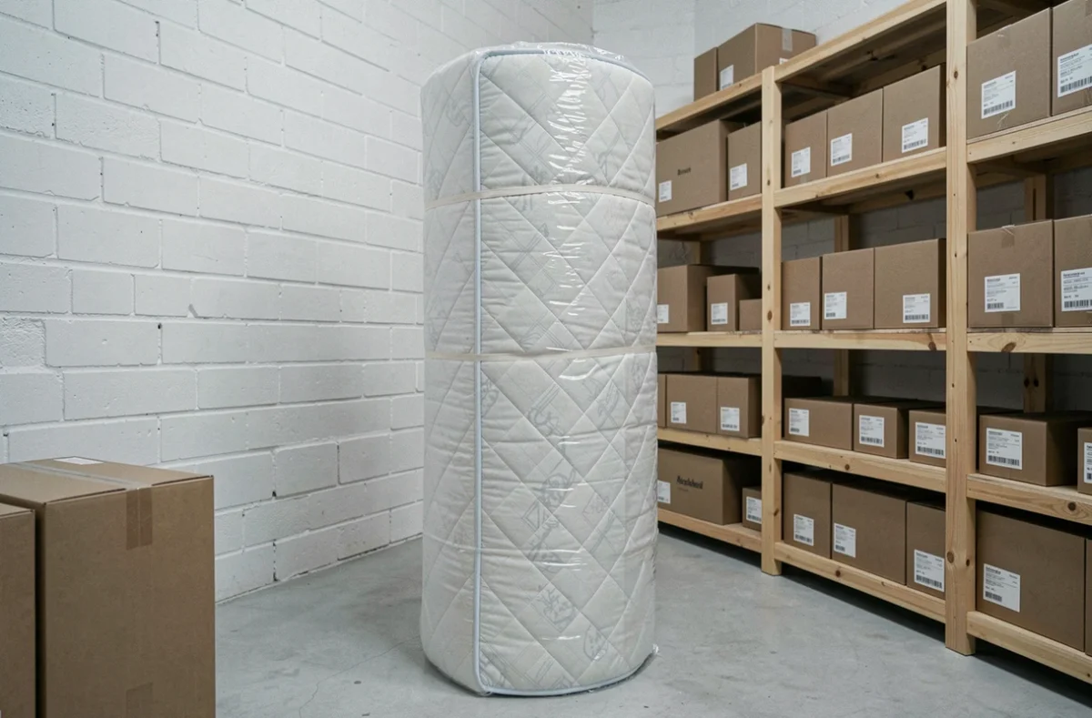 Matelas roulé et emballé stocké verticalement dans une pièce de rangement organisée avec des étagères en bois