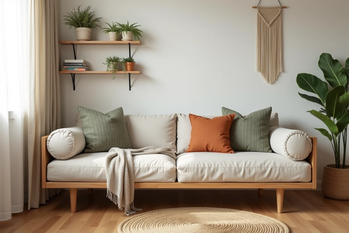 Coin lecture cosy aménagé dans un studio rénové avec daybed en lin et déco artisanale