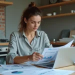 Femme comparant son budget prévisionnel de rénovation sur papier et sur ordinateur dans une cuisine en cours de travaux