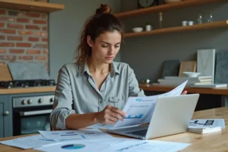 Femme comparant son budget prévisionnel de rénovation sur papier et sur ordinateur dans une cuisine en cours de travaux