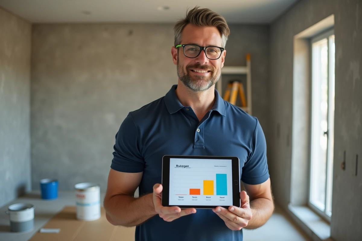 Homme consultant une application de suivi budgétaire de rénovation sur tablette dans un chantier en cours