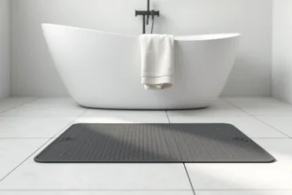 Tapis antidérapant design gris anthracite à motif géométrique devant une baignoire blanche dans une salle de bains moderne et minimaliste