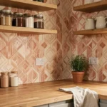 Tapisserie lavable à motifs géométriques terracotta dans une cuisine moderne avec étagères en bois et accessoires décoratifs