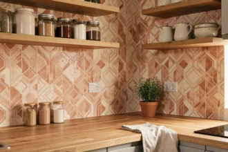Tapisserie lavable à motifs géométriques terracotta dans une cuisine moderne avec étagères en bois et accessoires décoratifs