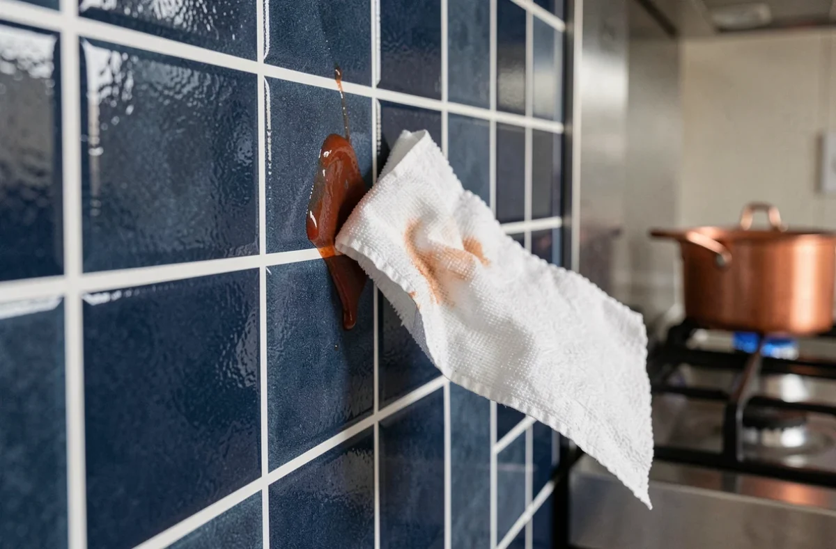 Gros plan sur une tapisserie lavable bleu marine dans une cuisine, démontrant sa facilité de nettoyage avec un chiffon humide