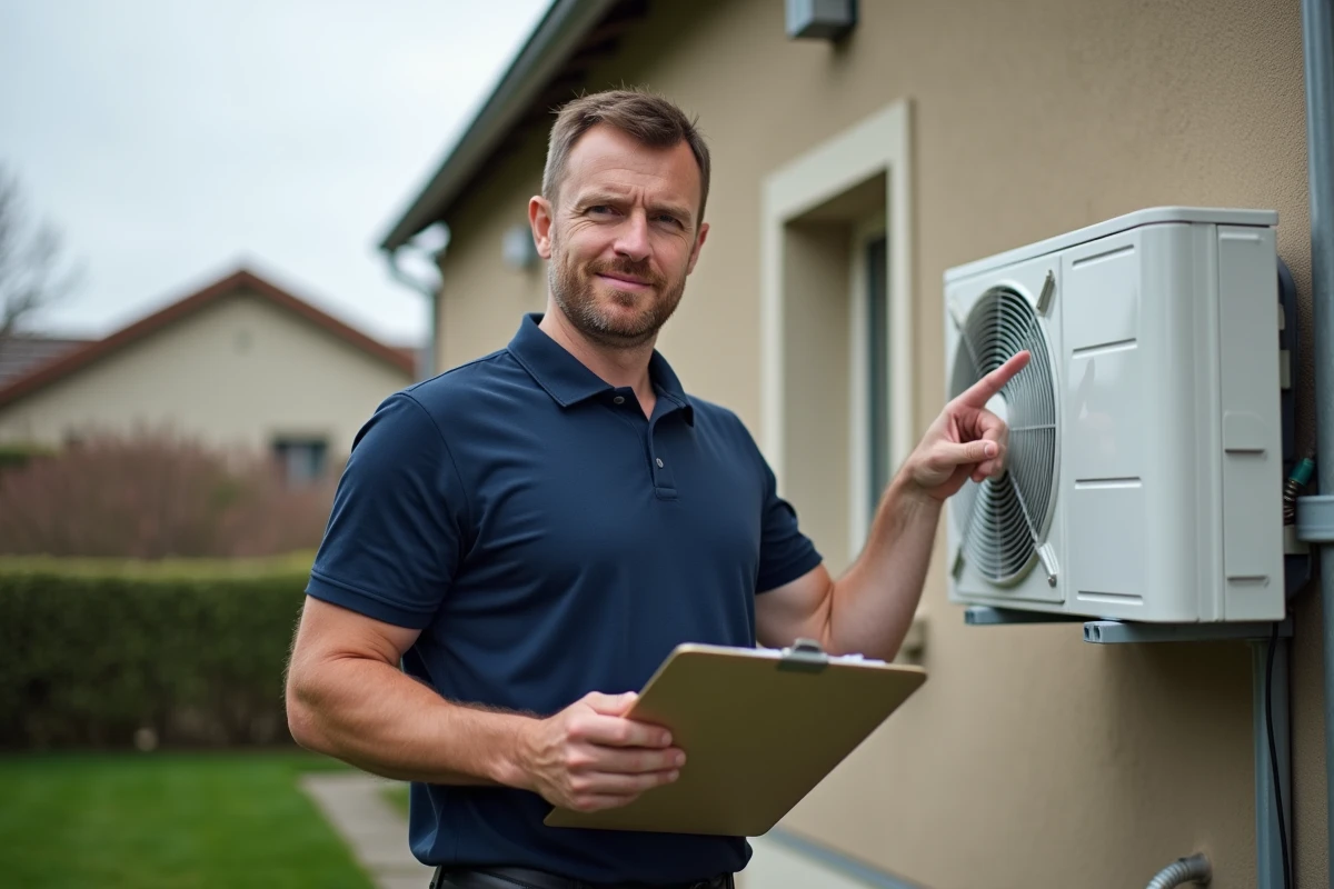 Technicien installateur de pompe à chaleur devant une maison individuelle en France