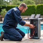 Technicien en overalls connectant un panneau de contrôle piscine