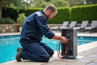 Technicien en overalls connectant un panneau de contrôle piscine