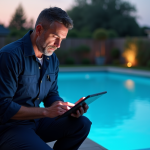 Technicien piscine en tenue kneeling près de la piscine