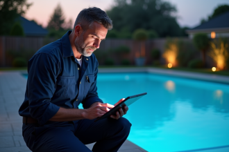 Technicien piscine en tenue kneeling près de la piscine