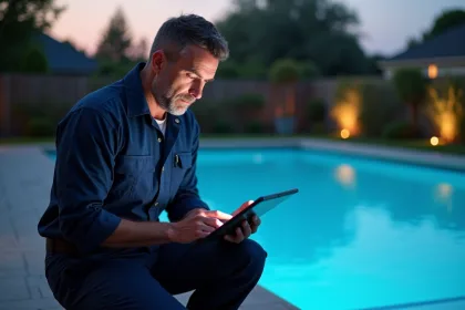 Technicien piscine en tenue kneeling près de la piscine