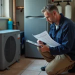 Technicien en travail vérifiant une pompe à chaleur moderne